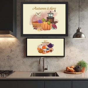 Impresión de Hola Otoño, Decoración de pared de otoño, Pósteres de otoño, Arte de pared de otoño melancólico, Juego de dos impresiones de otoño vintage, Pintura de calabaza, Casa de campo de otoño