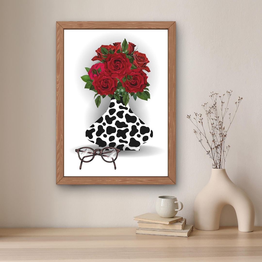Cow Print Roses Cow Pattern Vase With Red Roses Art Print (digital Download) - Etsy