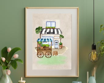 May include: A watercolor painting of a small shop with a striped awning and a sign that says "GARDEN SHOP". There is a green cart with a blue awning in front of the shop, and a small wooden stool.