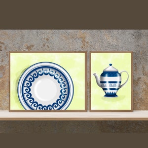Lot de deux oeuvres d&#39;art murales en poterie tunisienne bleue et blanche | Impression murale traditionnelle en poterie faite main en arabe d&#39;Afrique du Nord