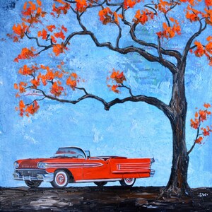 Red 1950&#39;s Oldsmobile Convertible Artist signed print, tree, car, classic car, gift, present, men