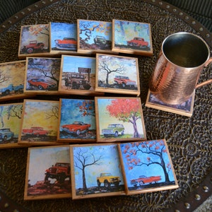 Classic car and trucks, Fine Art Coasters, set of 4, drink coaster, artist signed, wood,  classic cars, car, present, gift, man, fathers day
