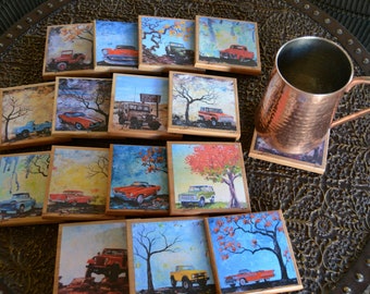 Classic car and trucks, Fine Art Coasters, set of 4, drink coaster, artist signed, wood,  classic cars, car, present, gift, man, fathers day