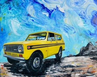 International Scout, 1974, Original Painting, artist signed, yellow, one of a kind, oil, classic car, gift, present, men