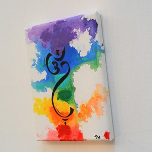 Om Rainbow Canvas Panel, 5 x 7 Original Painting, chakra, energy, yoga, rainbow, ohm, canvas, zen, studio art 1 image 1