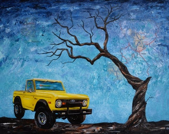 1970's Yellow Ford Bronco, artist signed print, early bronco, Ford truck, dead tree, man cave, 8 x 10 or 11 x 14