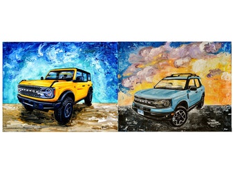 2021 Bronco, artist signed print 8" x 10", yellow or blue, photo print of original painting, fathers day, gift, present, men, man, sport