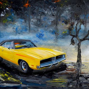 Dodge Charger amarillo de los años 60, pintura al óleo original, Dodge, 1969, coche, coche clásico, regalo, presente, hombres, día del padre, ruta 66