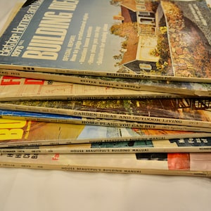 Vintage tijdschriften, mooi huis, bouwhandleiding, betere huizen en tuinen, jaren 1950, 1960, 1970, beschrijvingen hieronder
