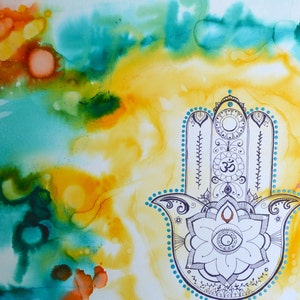 Hamsa protection, Original Alcohol Ink Painting on stretched canvas, yoga studio art