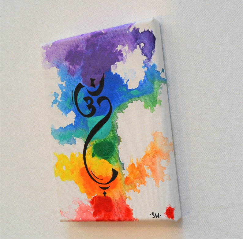 Om Rainbow Canvas Panel, 5 x 7 Original Painting, chakra, energy, yoga, rainbow, ohm, canvas, zen, studio art 1 image 1