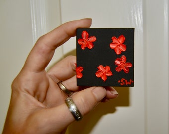 Winzige Kunst, Miniatur, schwarze und rote Blumen, Miniature Originale Malerei, Puppenhaus, 5 cm, handgemalt