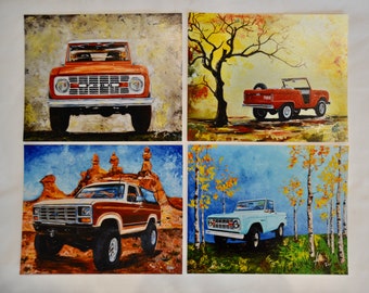 Früher Bronco Kunstdruck, 4er Set, Künstler signiert 20 x 10 cm Foto Kunstdruck, Ford, Geschenk, Geschenk, Männer, Auto Geschenke, Männerhöhle, 1970er und 1980er Jahre