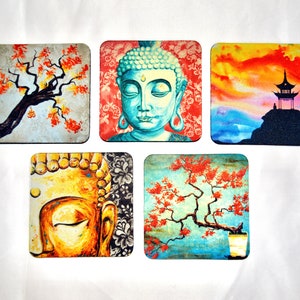 Fine Art Coasters, set of 5, zen, drink coaster, made of flexible neoprene, buddha, asian, gift, present set two