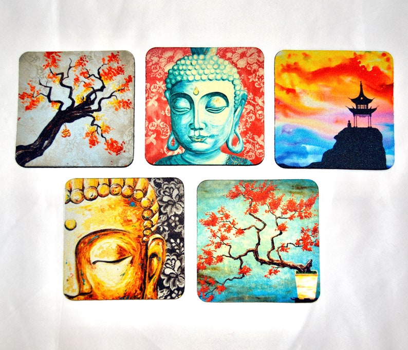 Fine Art Coasters, set of 5, zen, drink coaster, made of flexible neoprene, buddha, asian, gift, present set two