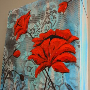 Dusky Red Poppies, Bohemian Lace, Original Painting, Vintage Inspired on Wood