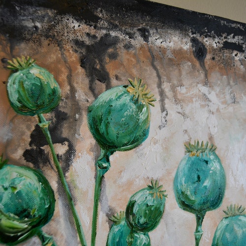 Turquoise Poppy Pods, Original oil Painting, 16