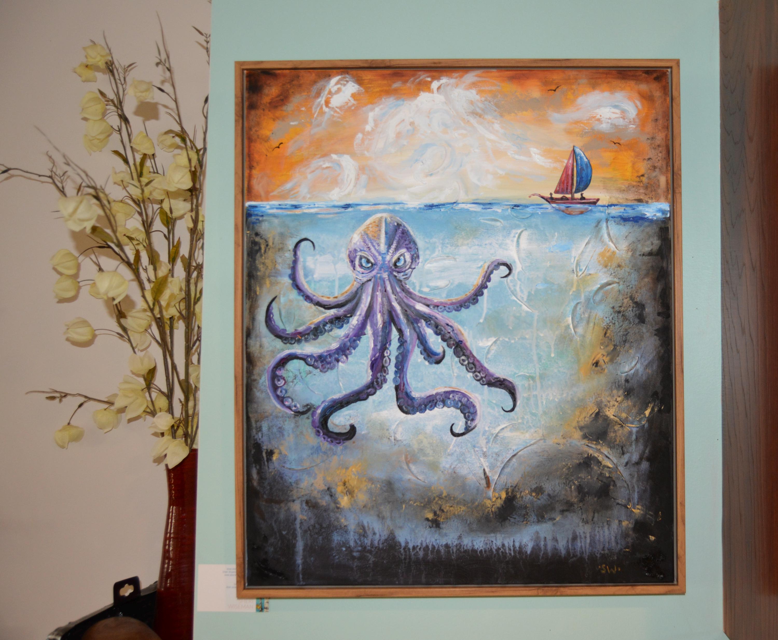 クラーケン、キャンバスに描かれたオリジナル油絵、18インチ×24インチ