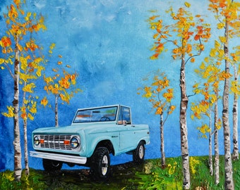 1970 Ford Bronco print, artist signed, 8 x 10 or 12x12, light blue, early Bronco, ford