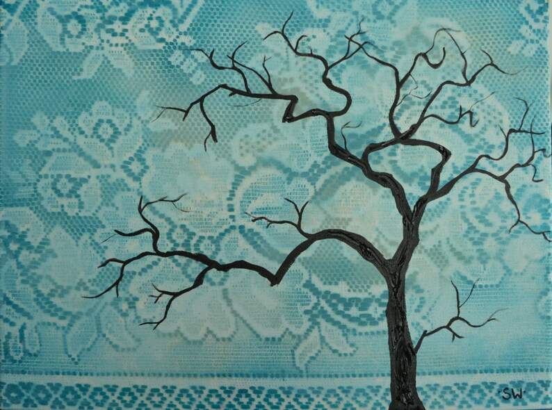 Bohemian Turquoise Lace Tree Silhouette, Original Painting, 12 x 16, on canvas no frame required, one of a kind image 1