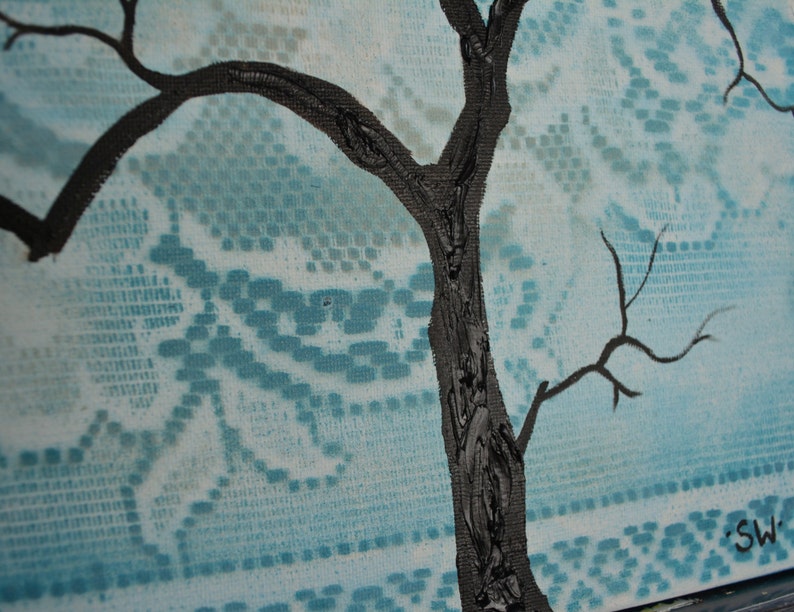 Bohemian Turquoise Lace Tree Silhouette, Original Painting, 12 x 16, on canvas no frame required, one of a kind image 3