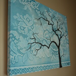 Bohemian Turquoise Lace Tree Silhouette, Original Painting, 12 x 16, on canvas no frame required, one of a kind image 2