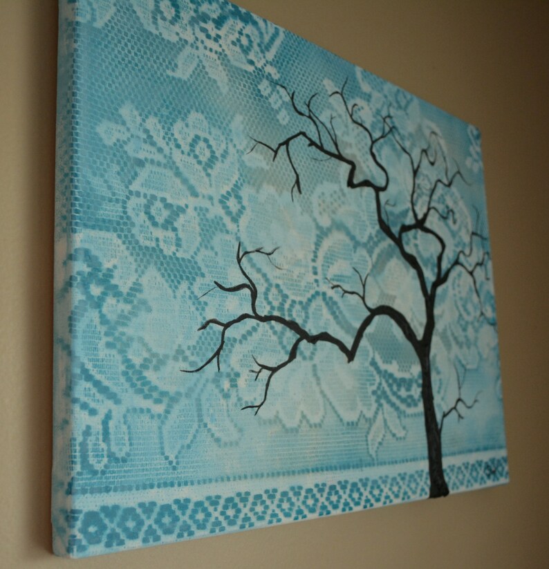 Bohemian Turquoise Lace Tree Silhouette, Original Painting, 12 x 16, on canvas no frame required, one of a kind image 2