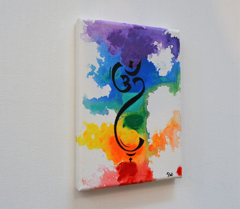 Om Rainbow Canvas Panel, 5 x 7 Original Painting, chakra, energy, yoga, rainbow, ohm, canvas, zen, studio art 1 image 4