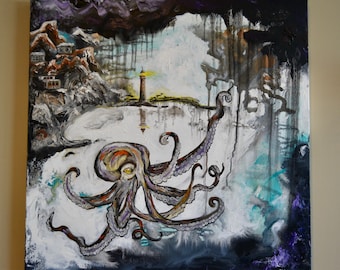 Der Kraken, Original Ölgemälde auf gespannter Leinwand, 60 x 60 cm, 4 cm tief, einzigartig, Steam Punk, Fischer, Tintenfisch, Leuchtturm