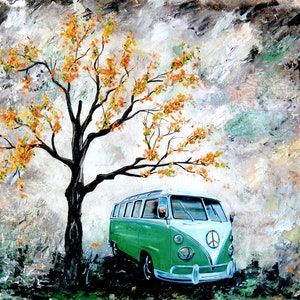 1965 Groene bus, door kunstenaar gesigneerde fotoprint, camperbus, gele boom, cadeau, mancave, busje