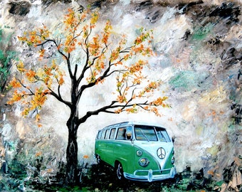 1965 Green Bus, Artist signed photo print, camper bus, yellow tree, gift, man cave, van