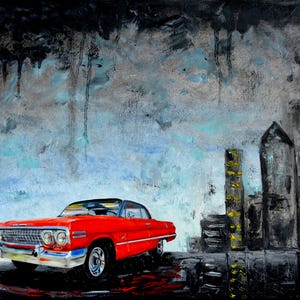 Red 1960&#39;s Chevrolet Impala, Artist signed print, 1963, Chevy, car, classic car, gift, present, men, fathers day