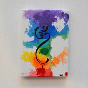 Om Rainbow Canvas Panel, 5 x 7 Original Painting, chakra, energy, yoga, rainbow, ohm, canvas, zen, studio art 1 image 3