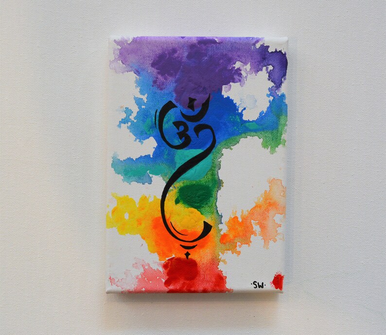 Om Rainbow Canvas Panel, 5 x 7 Original Painting, chakra, energy, yoga, rainbow, ohm, canvas, zen, studio art 1 image 3