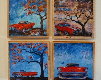 Fine Art Coasters, set of 4, Classic Muscle Cars, drink coaster, Chevrolet, Camaro, Mustang, bel air, Oldsmobile, car, present, gift, man