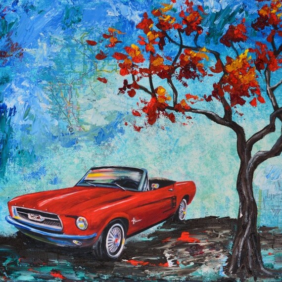 1960's Red Ford Mustang Convertible, Artist Signed PHOTO PRINT