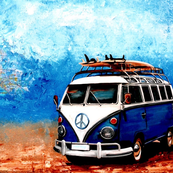 1960's camper Bus, Artist signed Print, Vintage Bus, 8" x 10",  11" x 14" 16 x 20, 20 x 30  print of my painting, 21 window, blue, surfboard