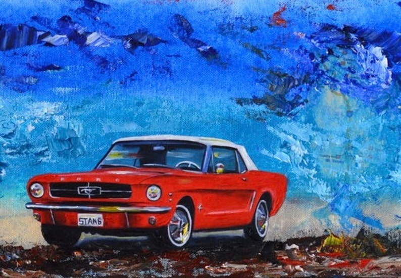 1960's Red Ford Mustang Convertible, Artist signed PHOTO PRINT, 1965, fathers day, gift, christmas, present, men, man image 1