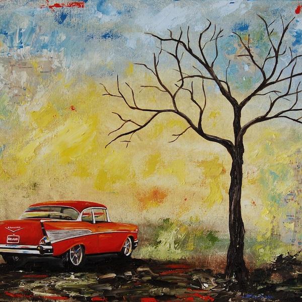 1957 Red Chevy Bel Air, Artist signed print, classic car, man cave, gift, Chevrolet car, 8x10 or 11x14