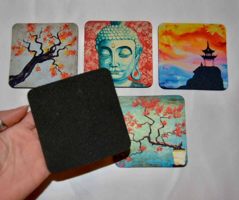 Fine Art Coasters, set of 5, zen, drink coaster, made of flexible neoprene, buddha, asian, gift, present image 6