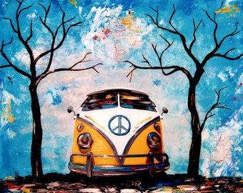 Yellow 1966 21 Window, camper Bus, 8" x 10" or 11" x 14" Artist signed PRINT of my Original Painting, van, classic car