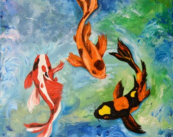 Japanese Koi , Original oil Painting on stretched canvas so no need to frame, 20" x 20"