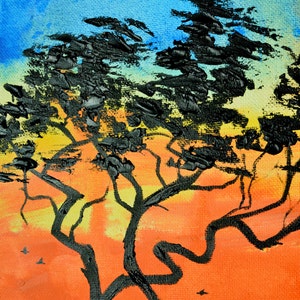African Sunrise, Elephant, Silhouette, Original Painting, Oil Painting, Tree image 2
