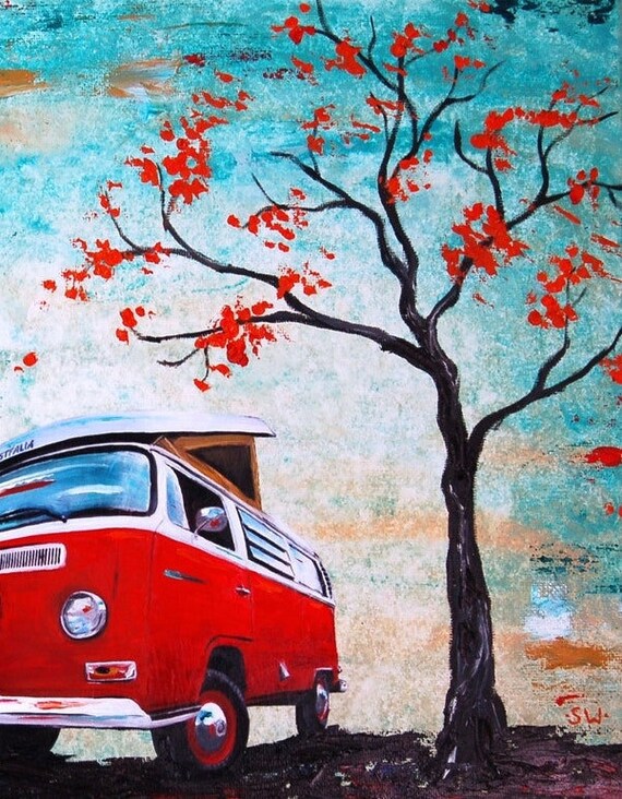 1970 Red Camper Bus Print, Artist Signed Print, Men, Gift, Present
