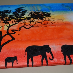 African Sunrise, Elephant, Silhouette, Original Painting, Oil Painting, Tree image 4
