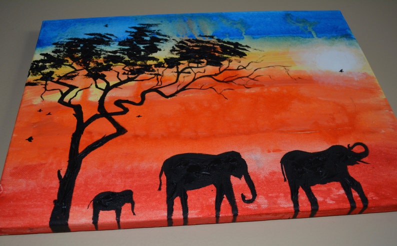 African Sunrise, Elephant, Silhouette, Original Painting, Oil Painting, Tree image 4