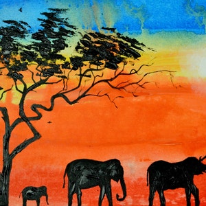 African Sunrise, Elephant, Silhouette, Original Painting, Oil Painting, Tree image 1