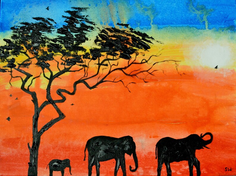 African Sunrise, Elephant, Silhouette, Original Painting, Oil Painting, Tree image 1