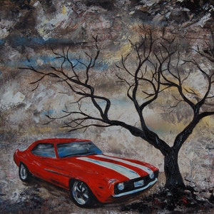 Vintage Camaro 1969, kunstenaar gesigneerde print, rood, chevy, Chevrolet, mancave, cadeau