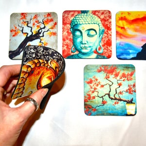 Fine Art Coasters, set of 5, zen, drink coaster, made of flexible neoprene, buddha, asian, gift, present image 3